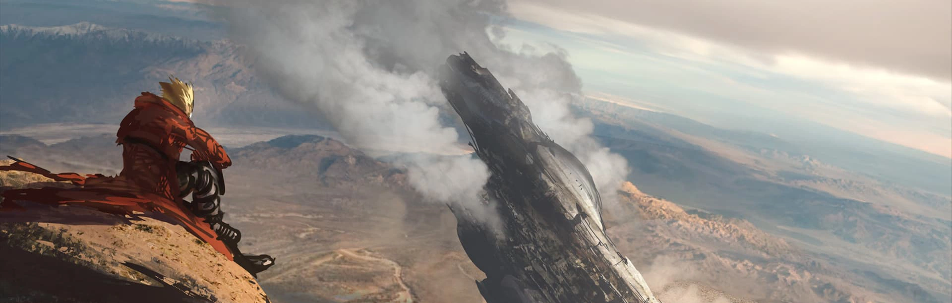 Vash sitting on a ledge overlooking a fallen ship